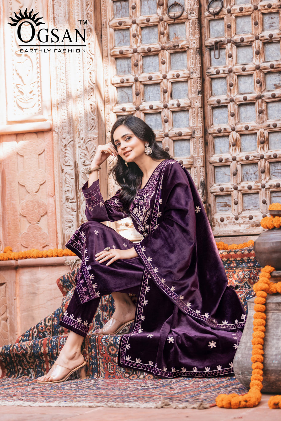 Korean Velvet Shawl Suit with Embroidery & Handwork