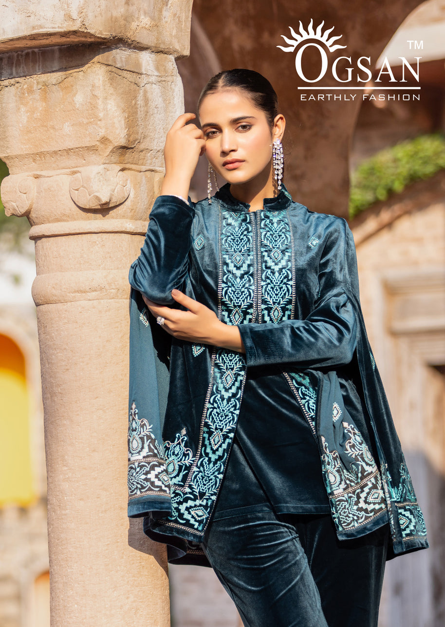 Velvet 3-Piece Suit with Inner & Hand Embroidery