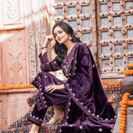Korean Velvet Shawl Suit with Embroidery & Handwork