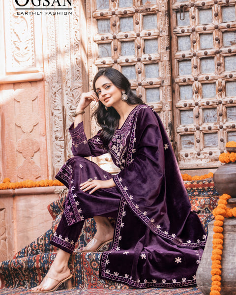 Korean Velvet Shawl Suit with Embroidery & Handwork