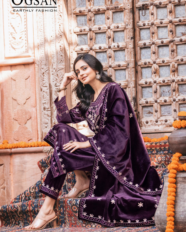 Korean Velvet Shawl Suit with Embroidery & Handwork