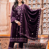 Korean Velvet Shawl Suit with Embroidery & Handwork