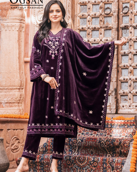 Korean Velvet Shawl Suit with Embroidery & Handwork