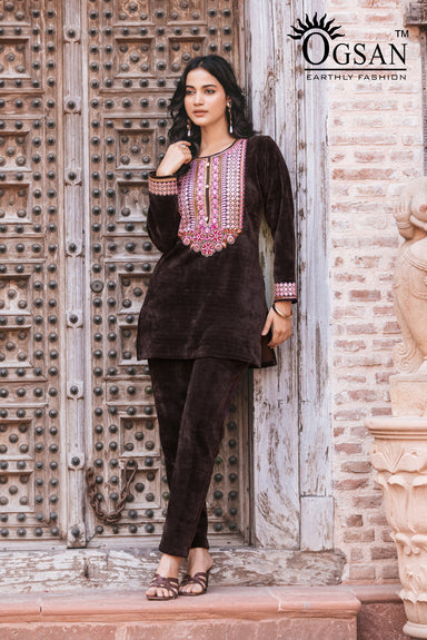 Chenal Self Velvet Co-ord Set with Hand Embroidery