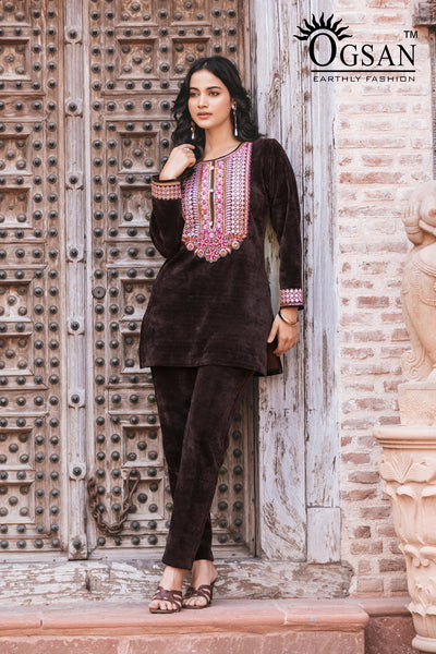Chenal Self Velvet Co-ord Set with Hand Embroidery
