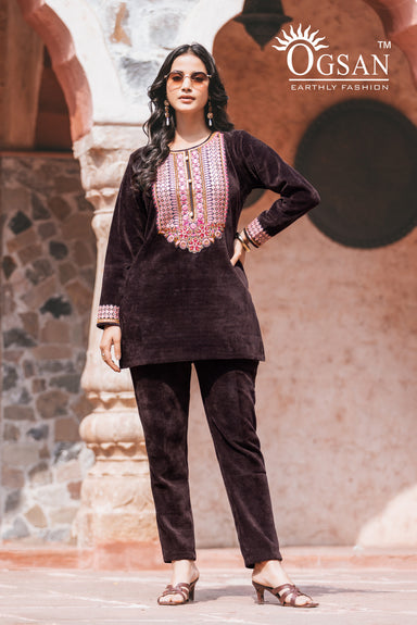 Chenal Self Velvet Co-ord Set with Hand Embroidery
