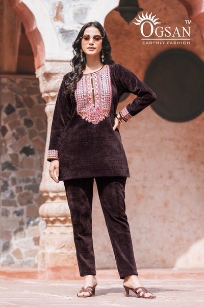 Chenal Self Velvet Co-ord Set with Hand Embroidery
