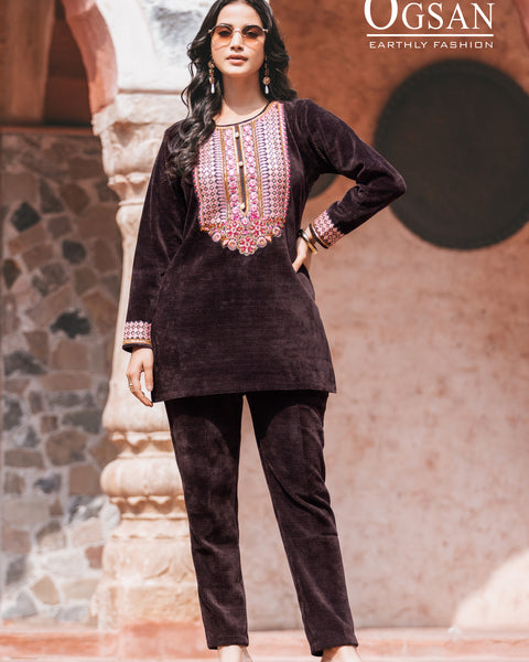 Chenal Self Velvet Co-ord Set with Hand Embroidery