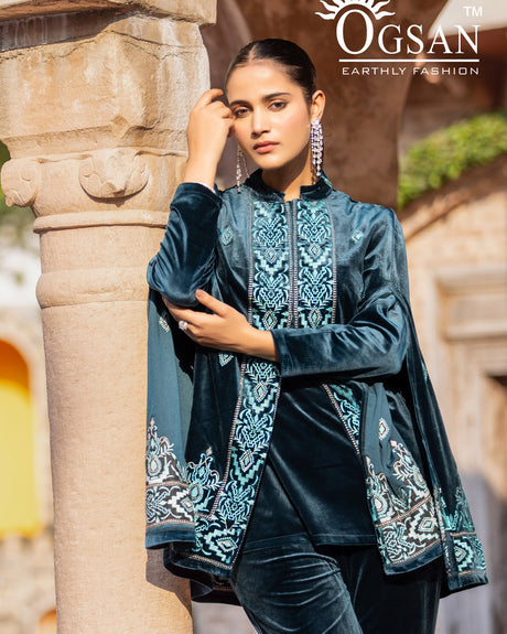 Velvet 3-Piece Suit with Inner & Hand Embroidery