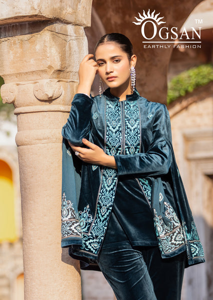 Velvet 3-Piece Suit with Inner & Hand Embroidery