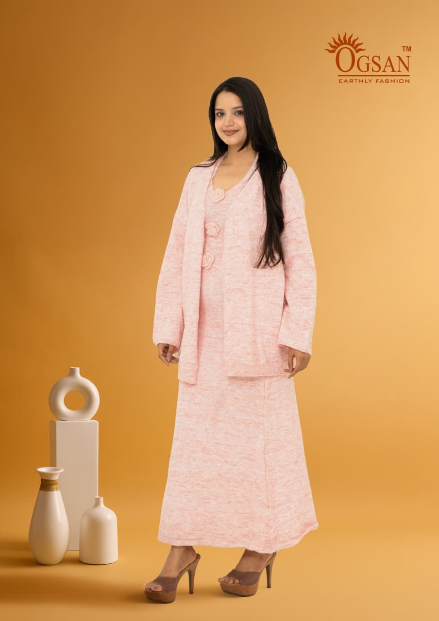 3-Piece Knitted Co-ord Set with Cardigan – Baby Pink - Ogsan Fashion