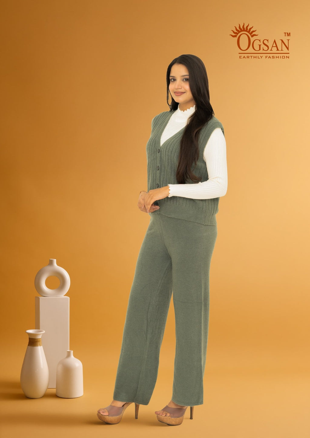 3-Piece Winter Knit Co-ord Set with Inner – Sage Green - Ogsan Fashion