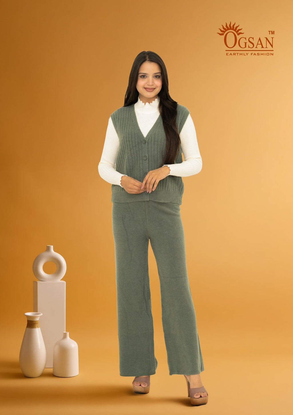 3-Piece Winter Knit Co-ord Set with Inner – Sage Green - Ogsan Fashion