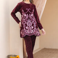 Luxury Maroon Velvet Embroidered Two-Piece Suit