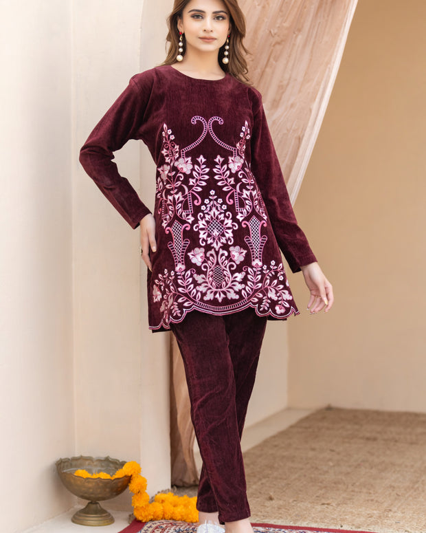 Luxury Maroon Velvet Embroidered Two-Piece Suit