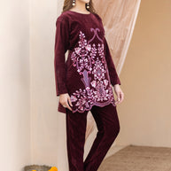Luxury Maroon Velvet Embroidered Two-Piece Suit