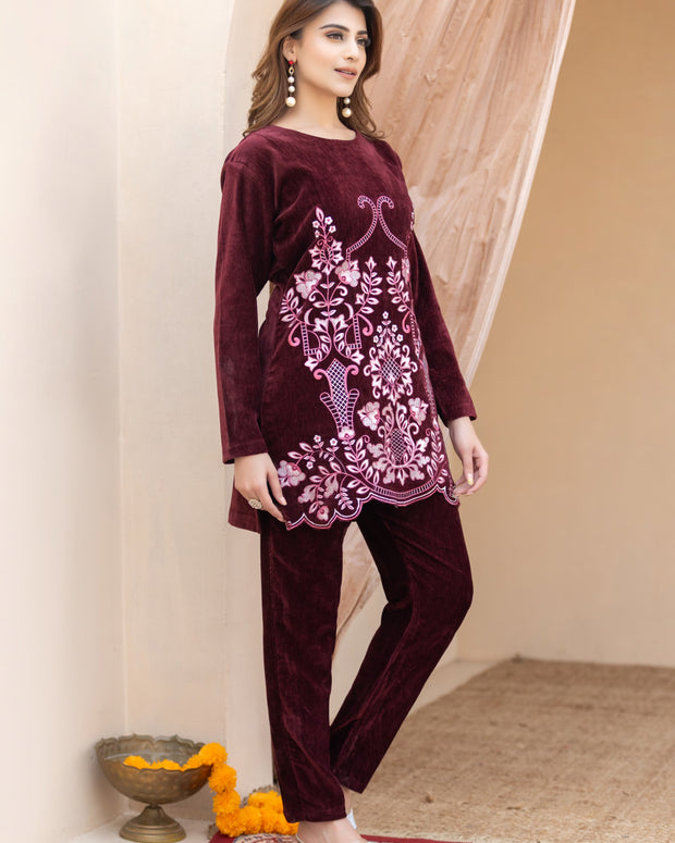 Luxury Maroon Velvet Embroidered Two-Piece Suit