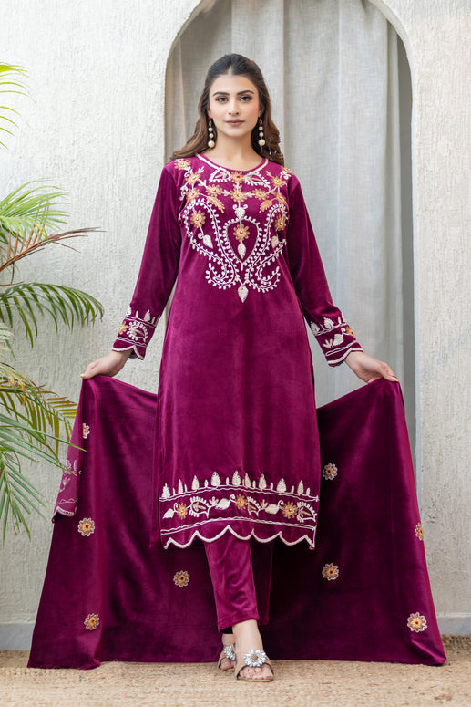 OGSAN Premium Wine Velvet Embroidered Winter Suit Set