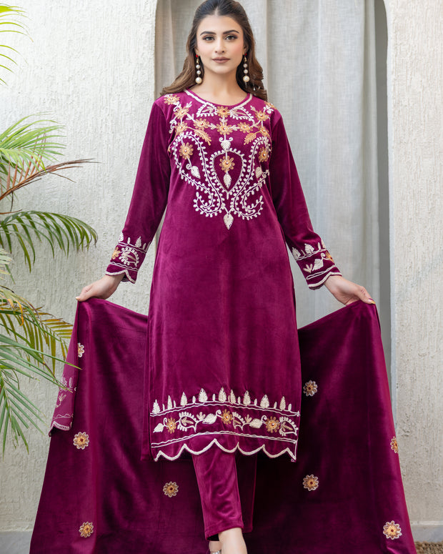 OGSAN Premium Wine Velvet Embroidered Winter Suit Set