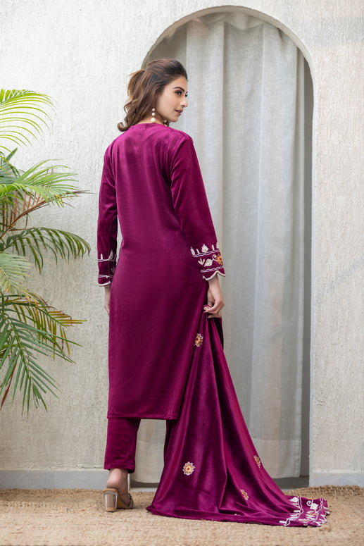 OGSAN Premium Wine Velvet Embroidered Winter Suit Set