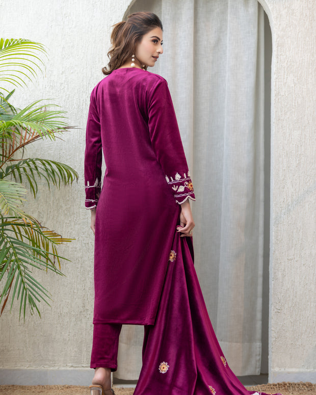 OGSAN Premium Wine Velvet Embroidered Winter Suit Set