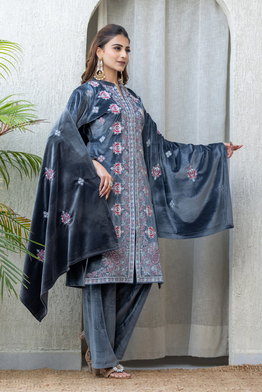 Premium Grey Velvet Embroidered Winter Suit Set