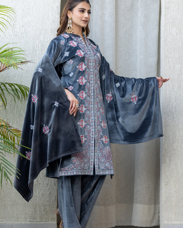 Premium Grey Velvet Embroidered Winter Suit Set