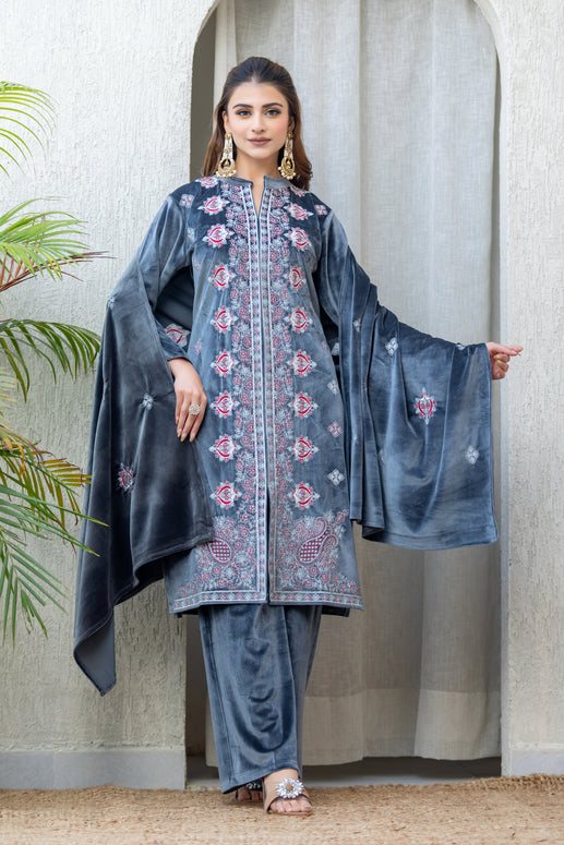 Premium Grey Velvet Embroidered Winter Suit Set