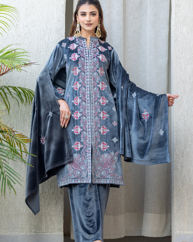 Premium Grey Velvet Embroidered Winter Suit Set