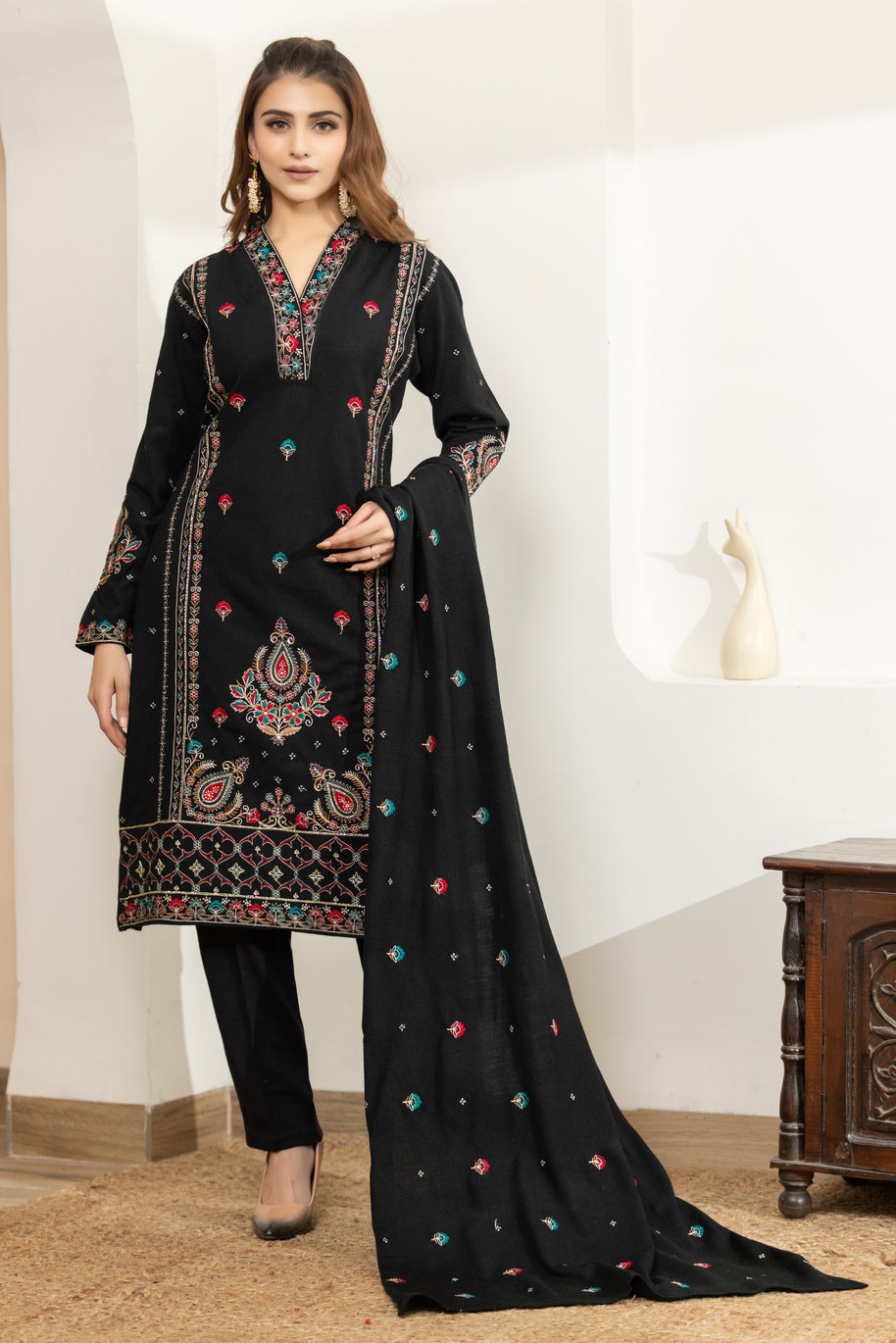 OGSAN Black Kashmiri Embroidered Winter Suit Set