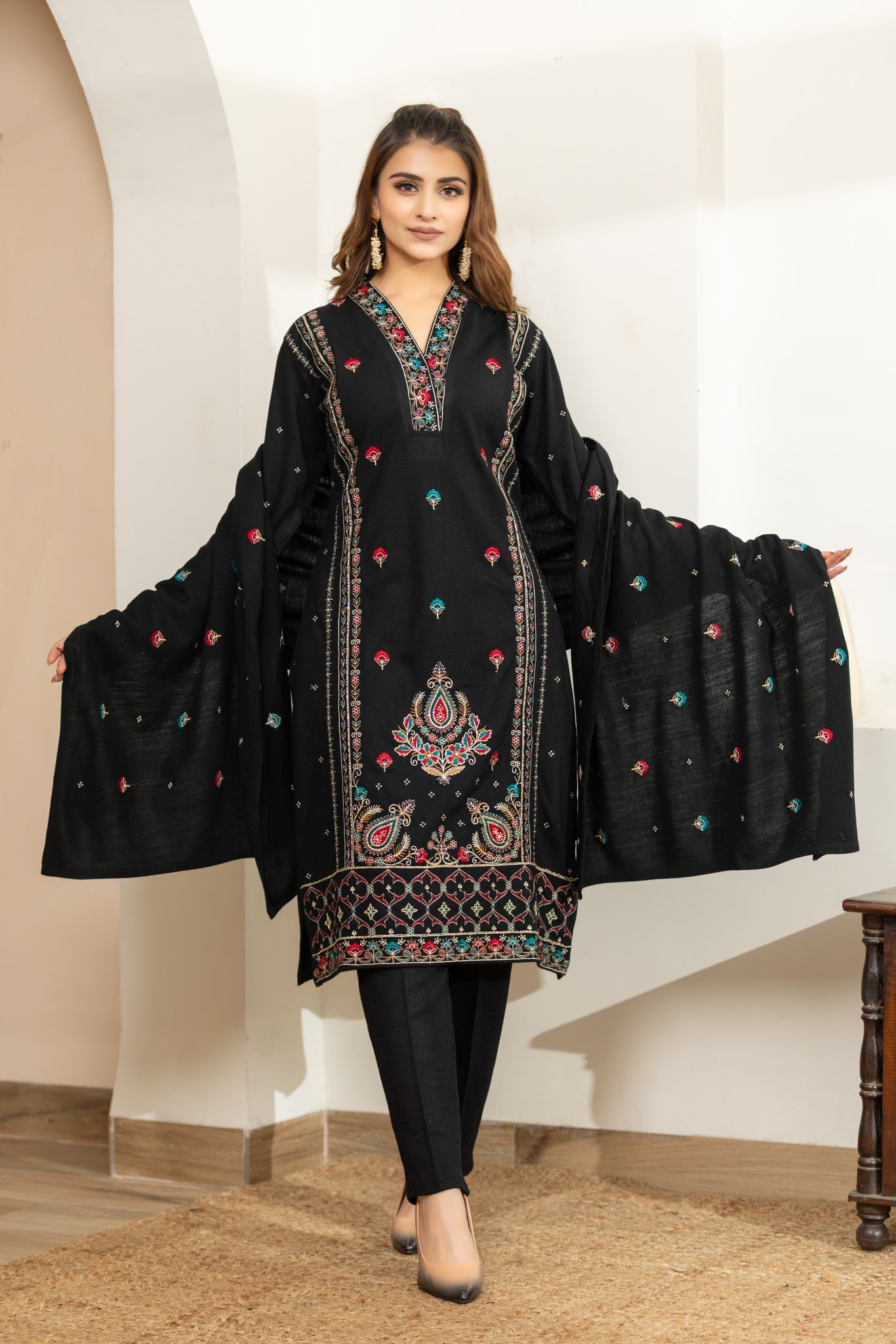OGSAN Black Kashmiri Embroidered Winter Suit Set