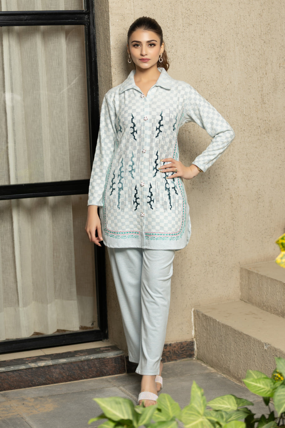 Mint Checkered Knitted Winter Kurti and Trouser Set