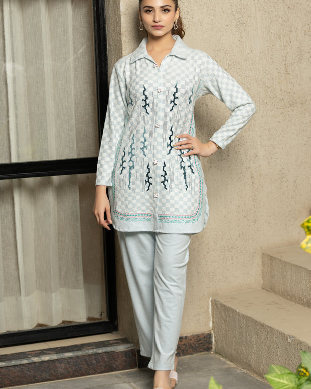 Mint Checkered Knitted Winter Kurti and Trouser Set