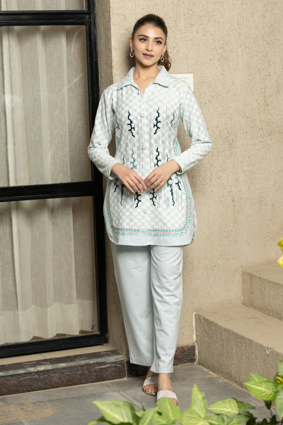 Mint Checkered Knitted Winter Kurti and Trouser Set