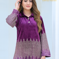 Premium Velvet Embellished 2-Piece Co-Ord Set – Purple