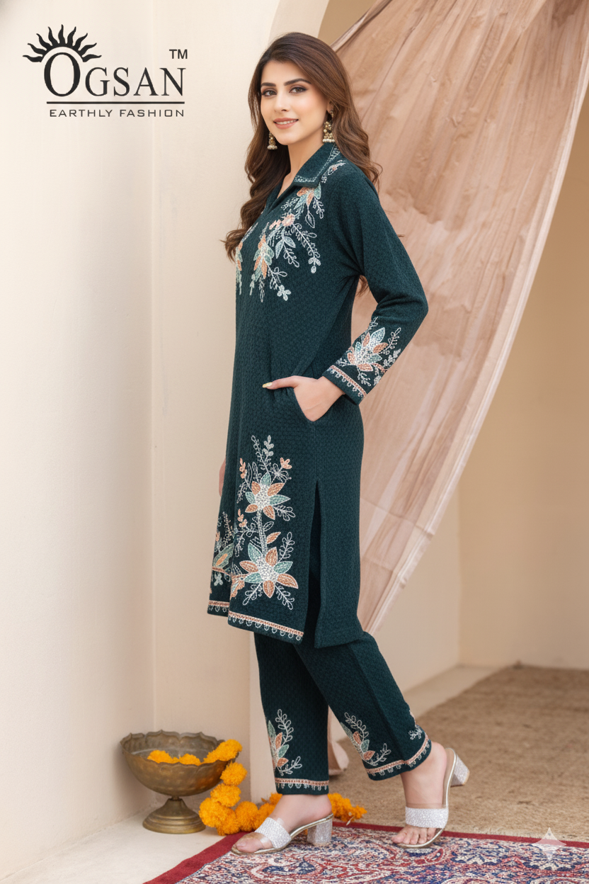Emerald Velvet Embroidered Coord Set | Luxury Lounge Set
