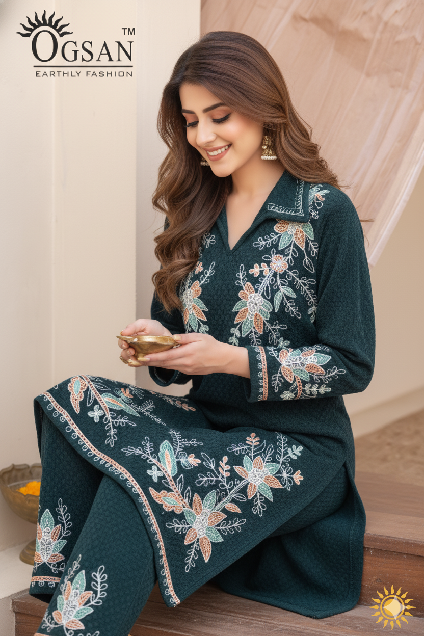 Emerald Velvet Embroidered Coord Set | Luxury Lounge Set