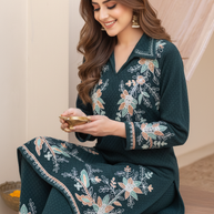 Emerald Velvet Embroidered Coord Set | Luxury Lounge Set
