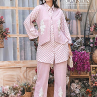 Blush Pink Checkered Winter Co-ord Set with Embroidered Detailing+Matched earings