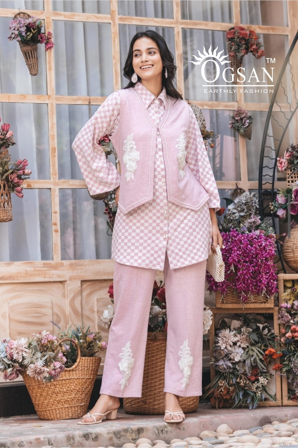 Blush Pink Checkered Winter Co-ord Set with Embroidered Detailing+Matched earings