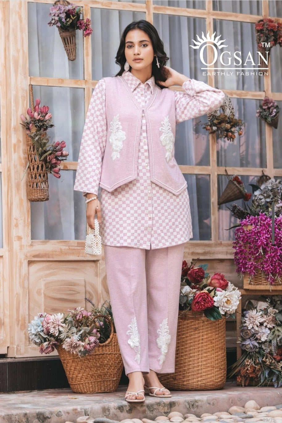 Blush Pink Checkered Winter Co-ord Set with Embroidered Detailing+Matched earings