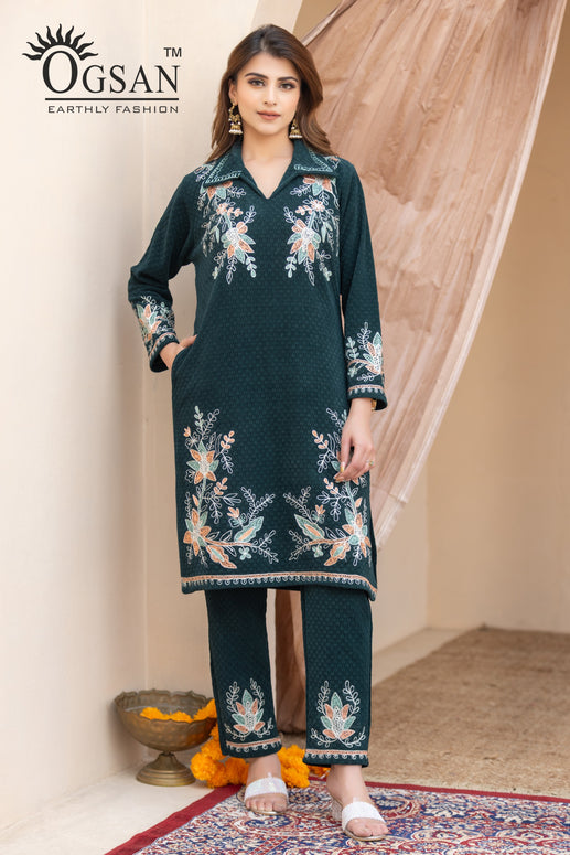 Emerald Velvet Embroidered Coord Set | Luxury Lounge Set