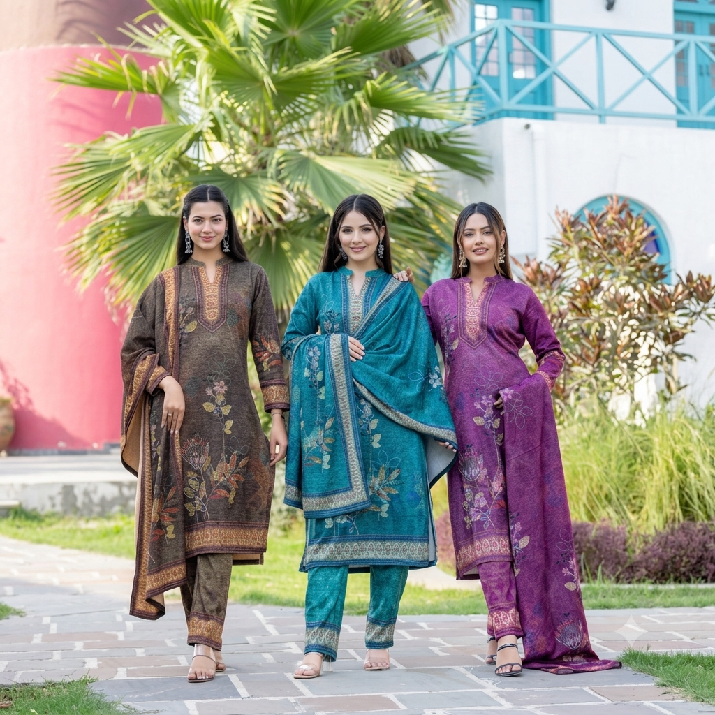 Aurevani Pashmina – Floral Printed Embroidered Winter Suit Set - Ogsan Fashion