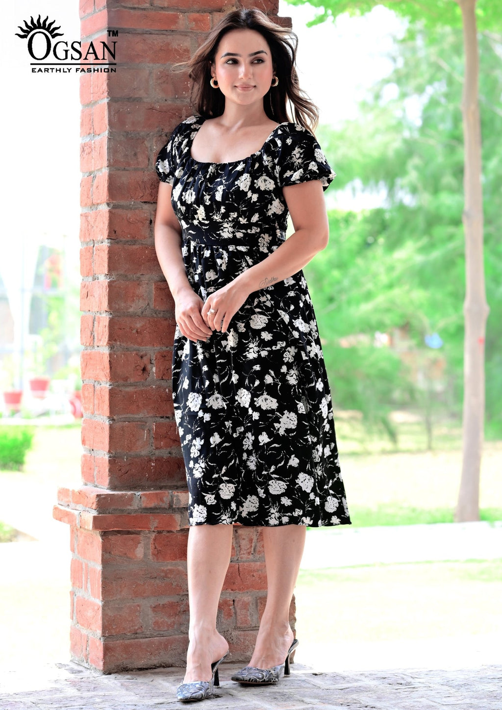 Floral Printed Midi Dress | Elegant Puff Sleeve Summer Dress for Women - Ogsan Fashion