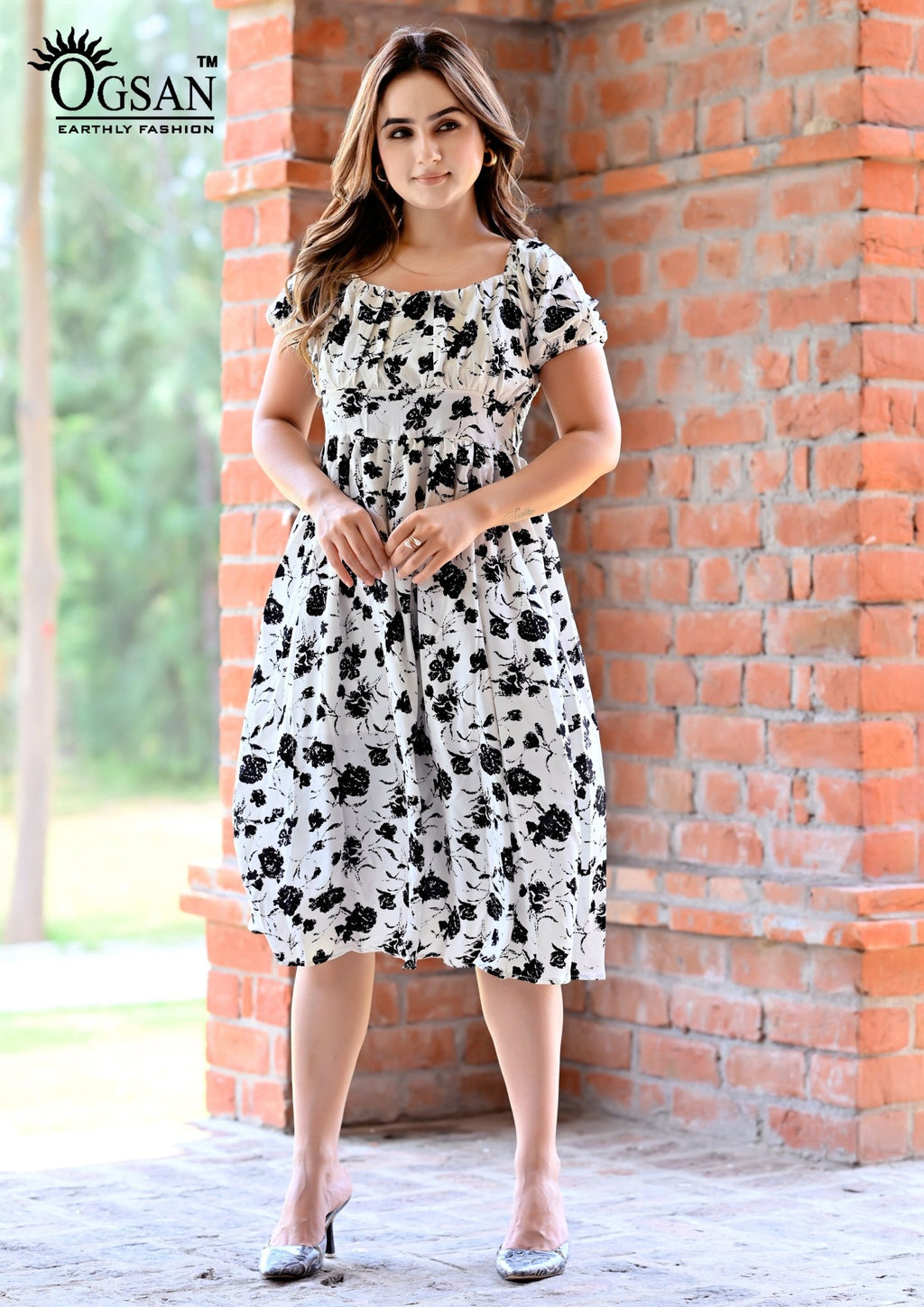 Floral Printed Midi Dress | Elegant Puff Sleeve Summer Dress for Women - Ogsan Fashion