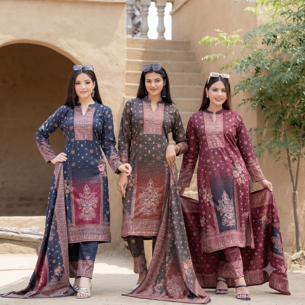 Meherzaar Pashmina – Printed Embroidered Wool Suit Set - Ogsan Fashion