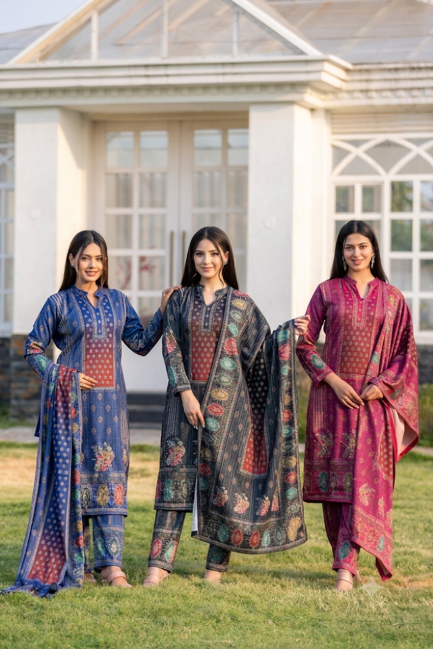 Multicolour Floral Elegance Pashmina Wool 3-Piece Winter Suit Set | Ogsan Fashion - Ogsan Fashion