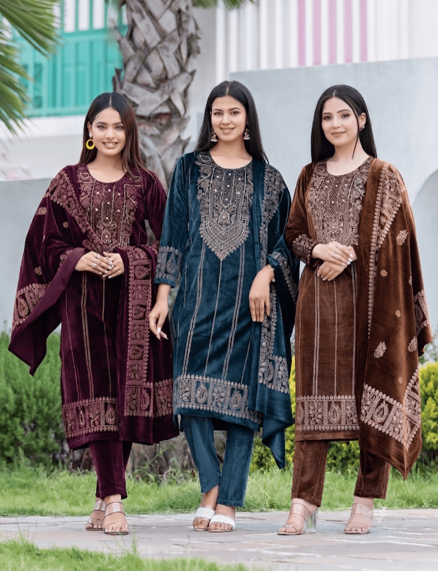 Nooraya Sunshine Velvet – Embroidered Winter Suit Set - Ogsan Fashion