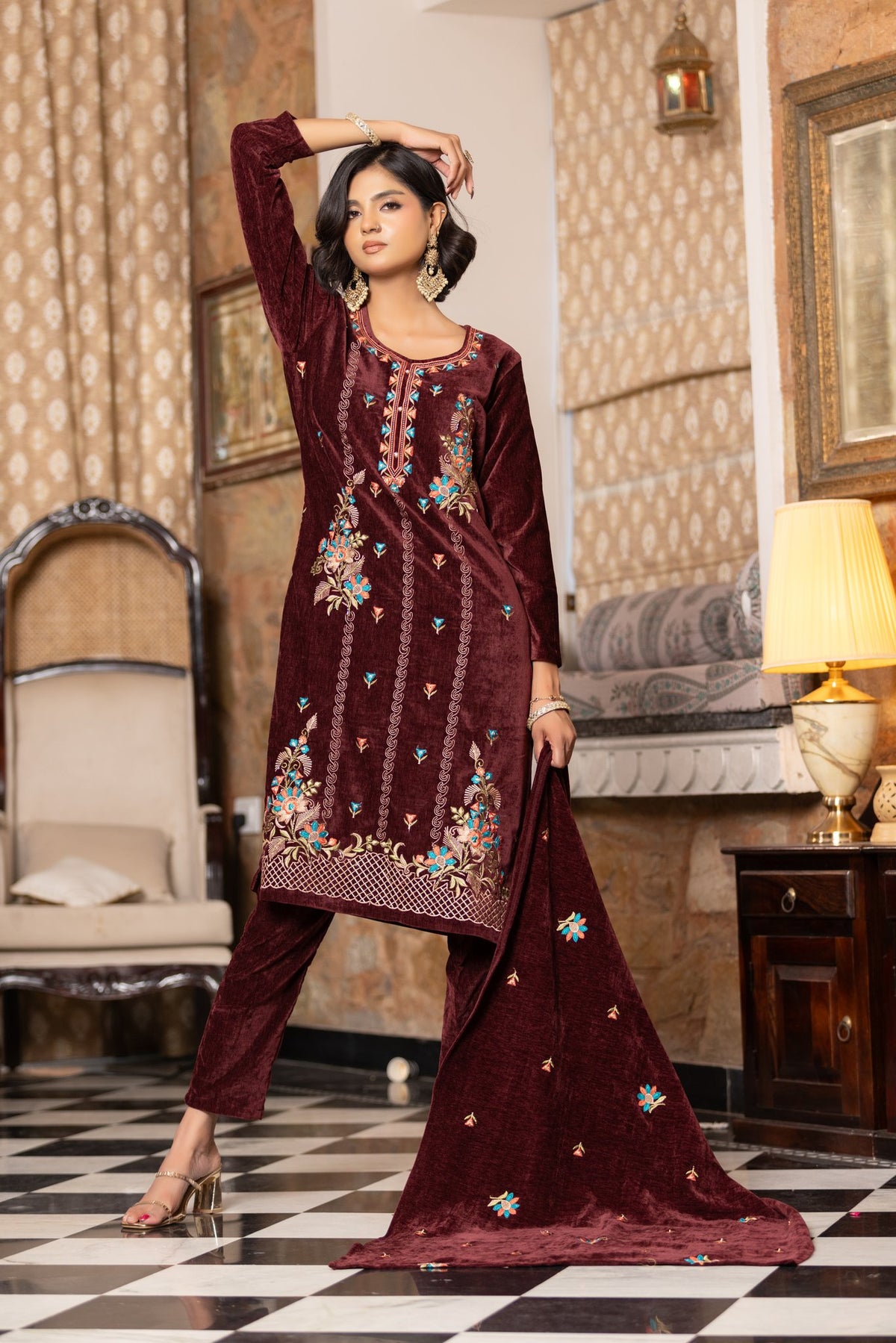 Maroon velvet shawl suit – Ogsan Design 104