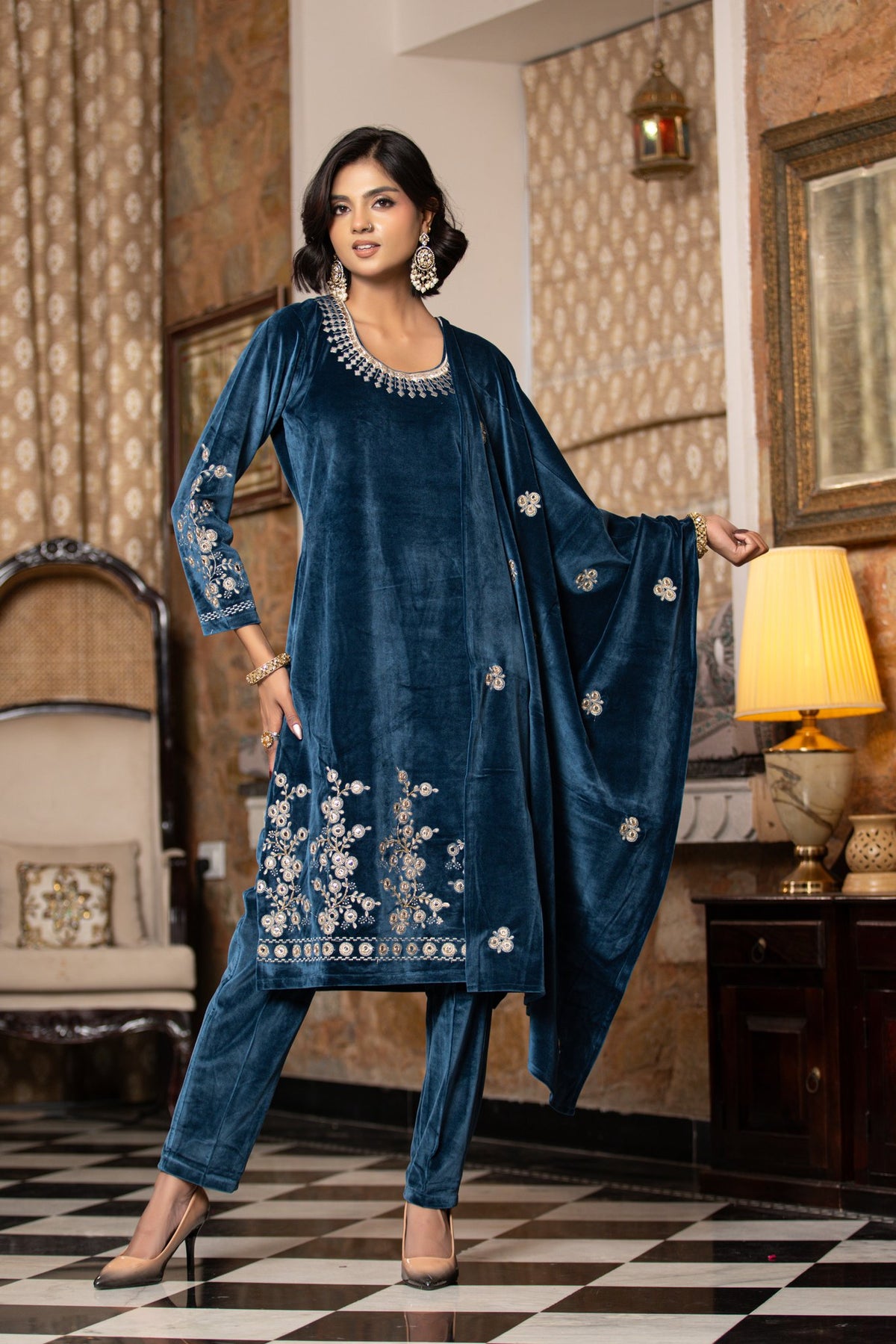 Teal Blue velvet shawl suit – Ogsan Design 106